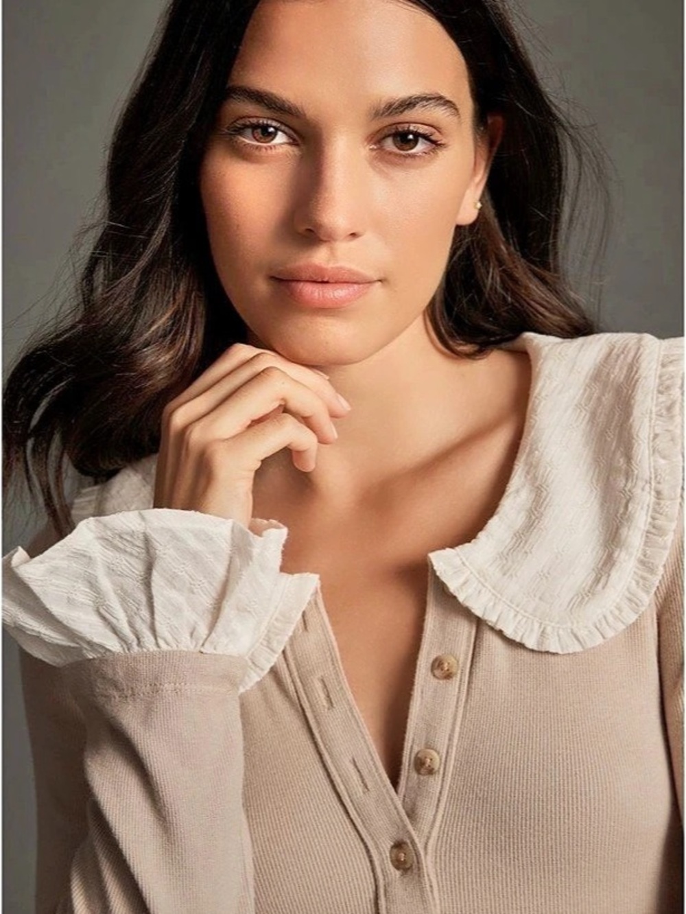 Pilcro Keira Long- Sleeve Blouse Khaki size S Ruffle Collar Long Sleeve Top - Picture 2 of 7